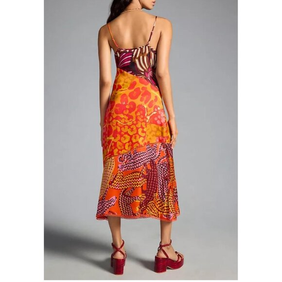 Farm Rio For Anthropologie Sz XXS Multicolor Patchwork Slip Dress Boho Chic Midi - Picture 3 of 14